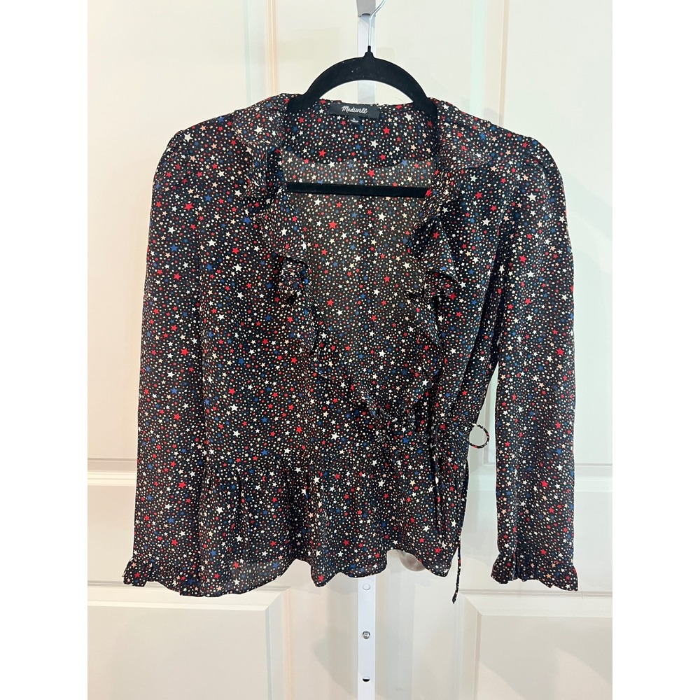 Madewell 100% Silk Star Holiday 4th of July Blouse  Red White Blue Small
